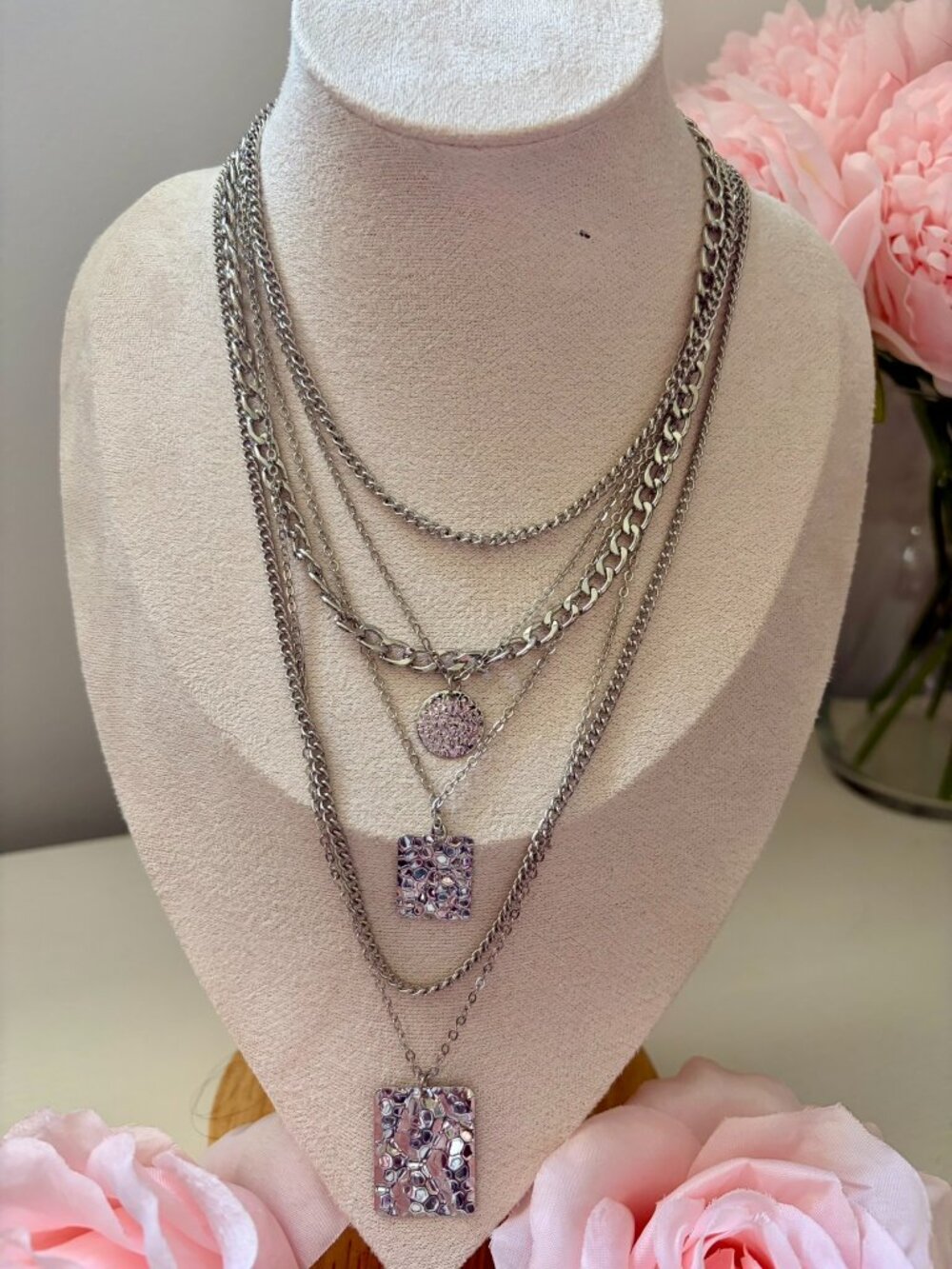 Silver Layered Chain Necklace Multi Strand Statement Pendant Y2K Boho